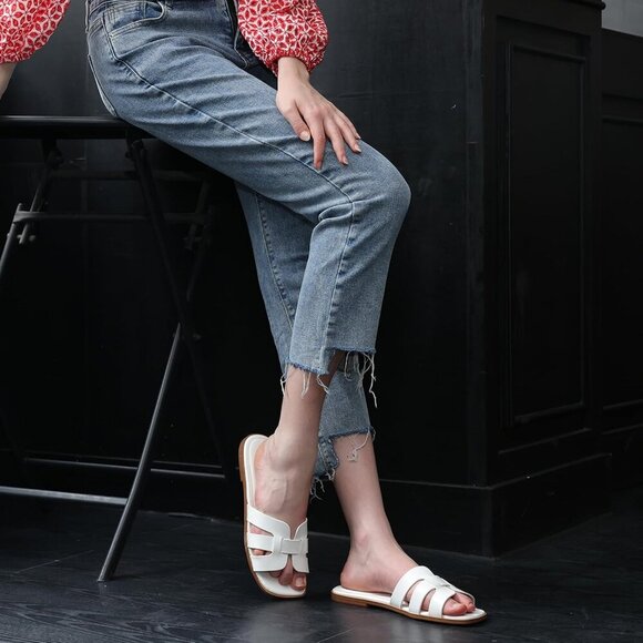 Women's Faux Leather Flat Sandals Summer Slip On Cross Band Breathable - Picture 3 of 6